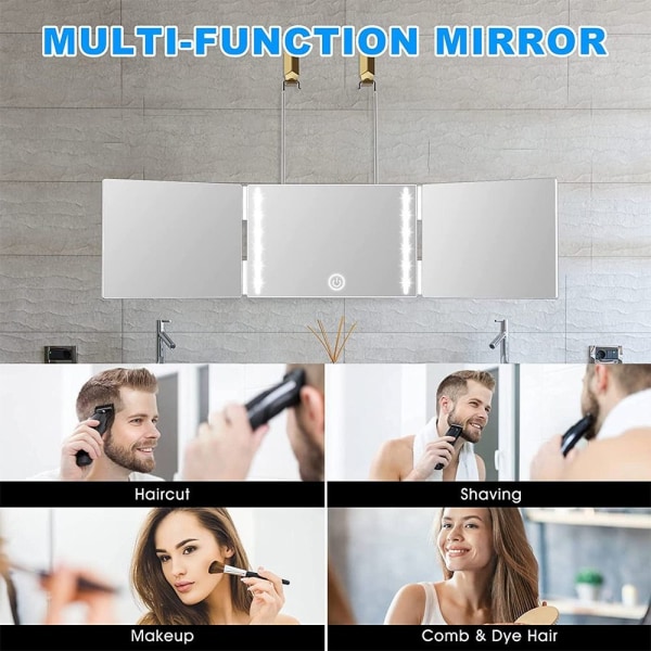 3-vägs tresidig spegel 360° Barberspegel VIT white