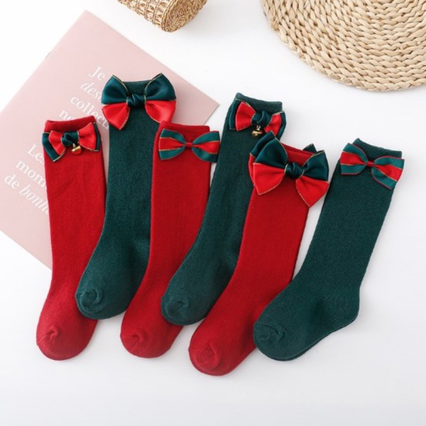 Babypiger julesokker Stor sløjfe Rød Knæhøje lange sokker LF F LF