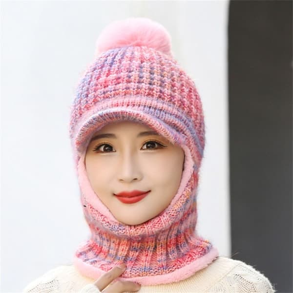 Ull stickad mössa Scarf hatt set ROSA pink