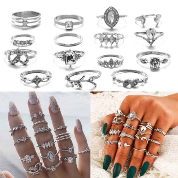 15PCS Rings Set Boho Finger Ring Hollow Heart Leaves Flower