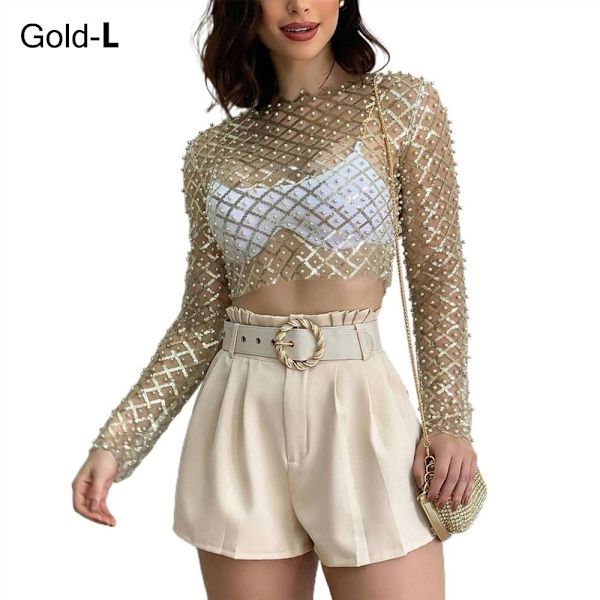 Sexy Crop Topper for kvinner Mesh Pearl Topper GOLD L L Gold L-L