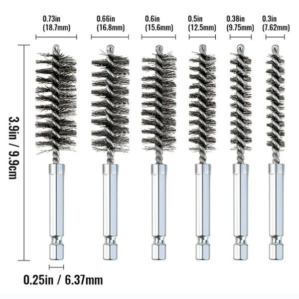 6 stk rustfri stålborebørste Twisted Wire Bore børster