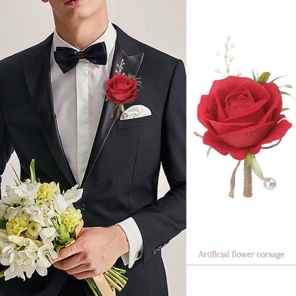 2 STK Kunstig Rose Boutonniere Groom Blomst HVIT white