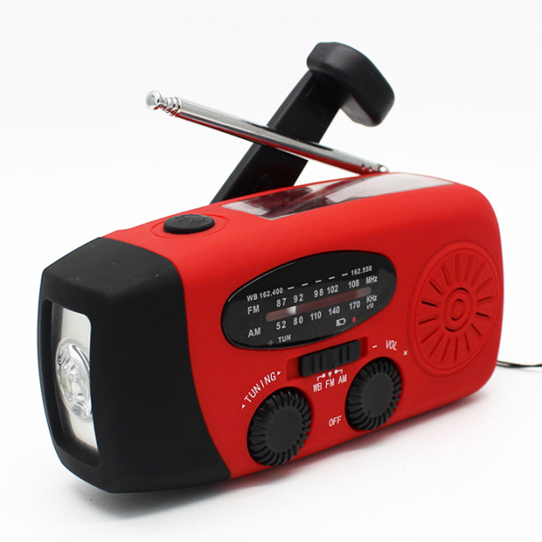 Kampiradio aurinkokennoilla taskulampulla ja 2000 mAh Powerbank Red SOS:lla red