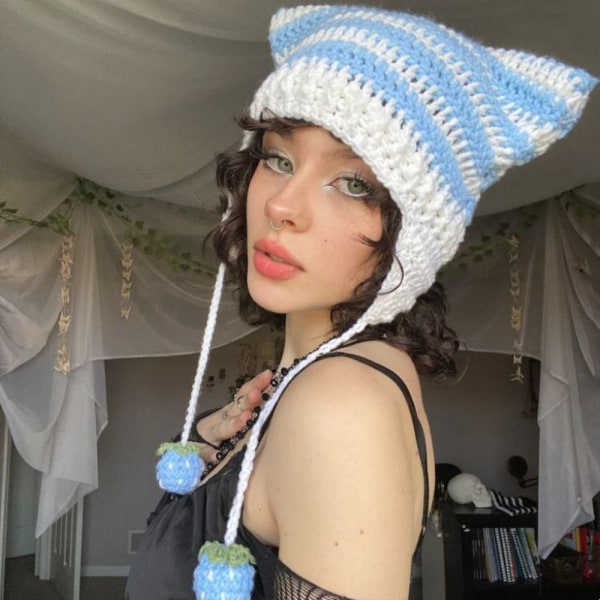 Cat Ear Hairball Beanies Hat Stripe Stickad Cat Ear Hairball Style 1