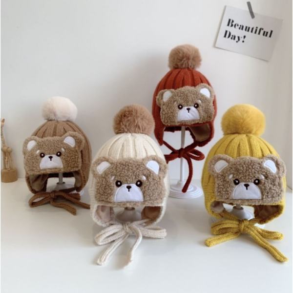Stor Pompom Baby Vinter Varm Hat Cartoon Bear Tjockt öra Coffee