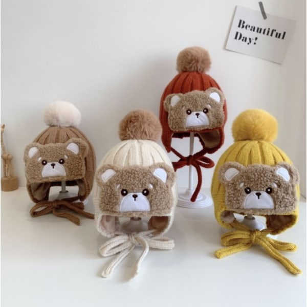 Stor Pompom Baby Vinter Varm Hat Cartoon Bear Tjockt öra Yellow