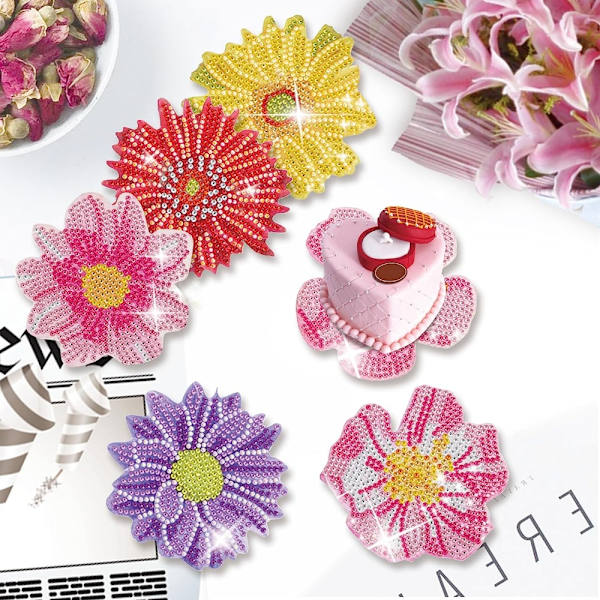 6 STK Diamond Art Painting Coasters Kits DIY Flower Coasters