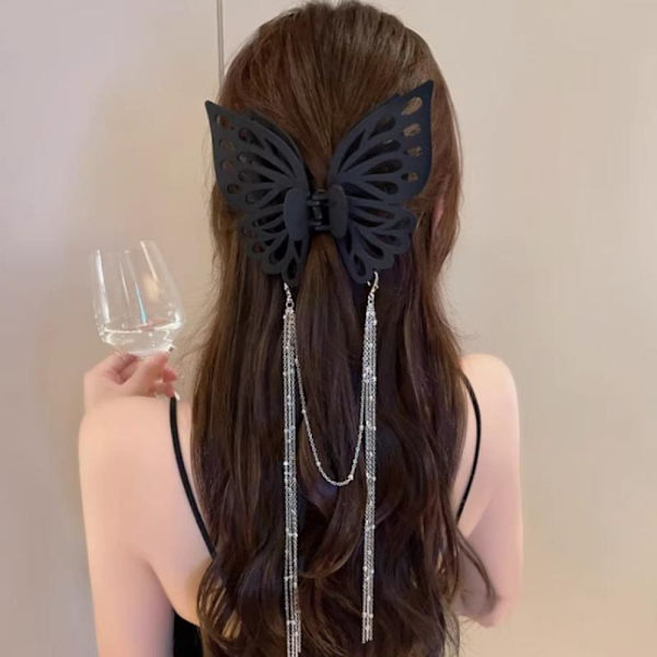Butterfly Tassel Hair Claw Hestehale Claw Clip SVART black