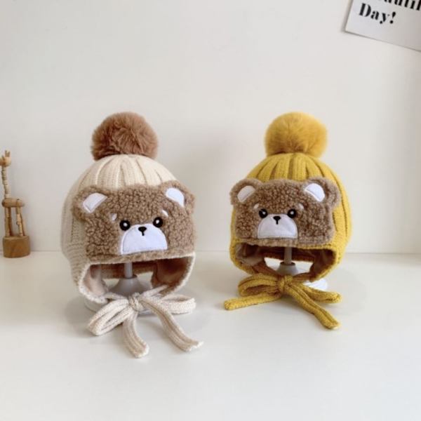 Stor Pompom Baby Vinter Varm Hat Cartoon Bear Tjockt öra Beige