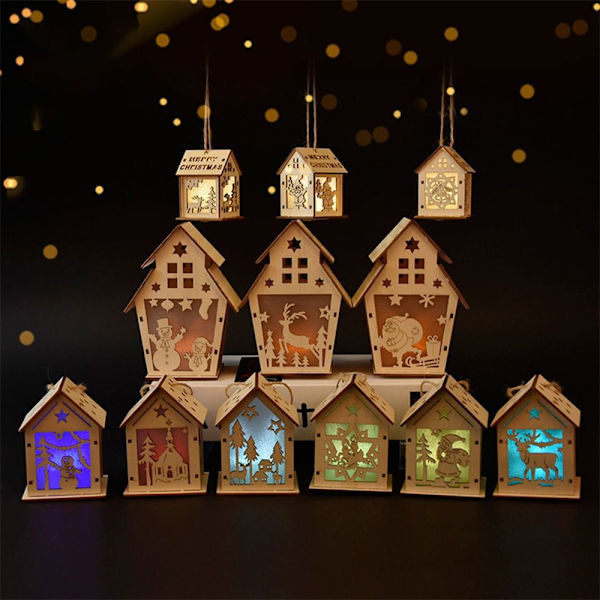 2STK Julelys Træhus Lysende Kabine 7X7X9CMHOUSE 7x7x9cmHouse