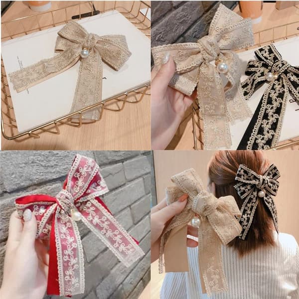 2 STK Big Bow Spring Clip Broderi Hår Clip SORT Black