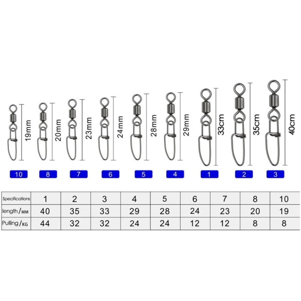 50 stk Fishing Snap Connector med Pin Rolling Swivel 1 1 1