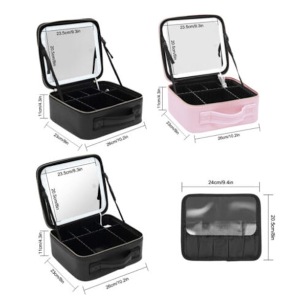 Kosmetisk makeup-etui til rejse med stor kapacitet med spejl og LED-lys Pink