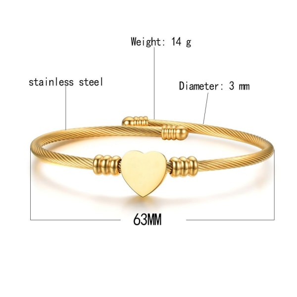 Love Heart Charm Armbånd Wire Rope Armbånd GULD Gold