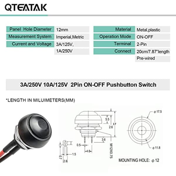 2st Rundknappsbrytare Låslös Switch Momentan Push Button