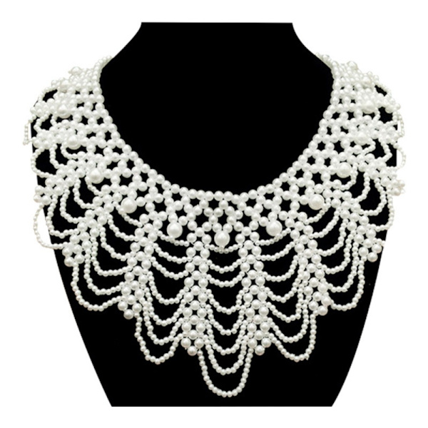 Lace Trim Collar Pearl Fake Collar WHITE white