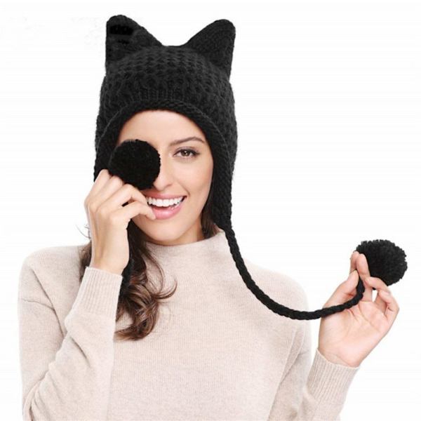Hæklet Strikket Hue Beanie Hue SORT Black