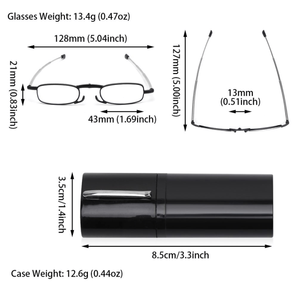 Vikbara Läsglasögon med Tubfodral SVART STYRKA 1.0X black Strength 1.0x