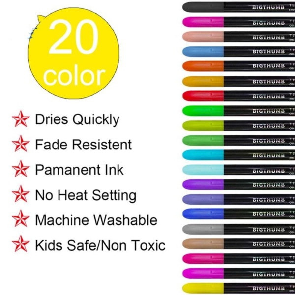 20Farger Stoff Tusch T-skjorte Tusker Tekstil Paint Pen 20Colors