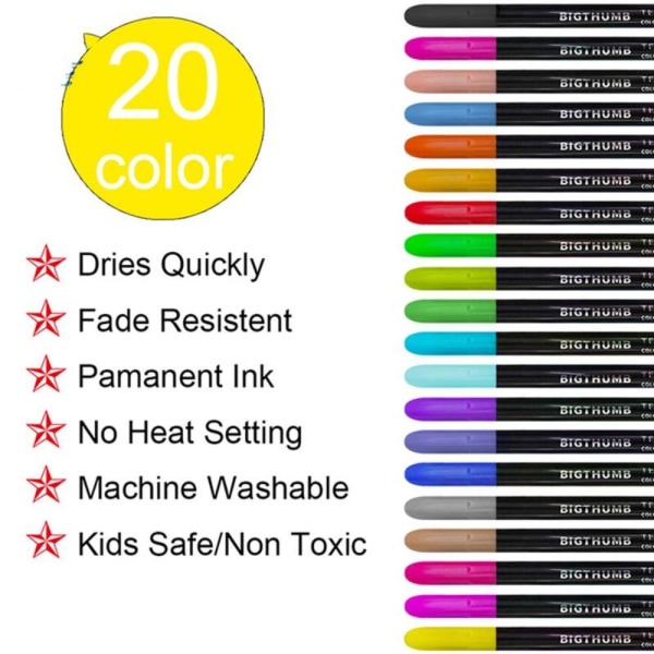 20Farger Stoff Tusch T-skjorte Tusker Tekstil Paint Pen 20Colors