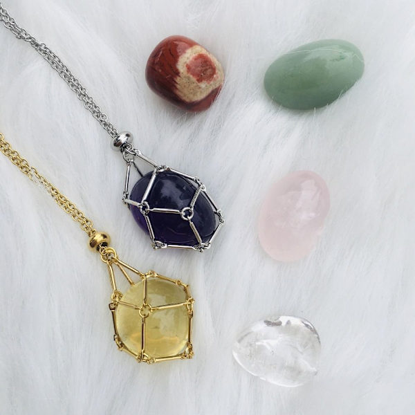 Kristallipidike-häkki kaulakoru Kristalliverkko Metallikaulakoru KULTA Gold Tiger Eye-Tiger Eye