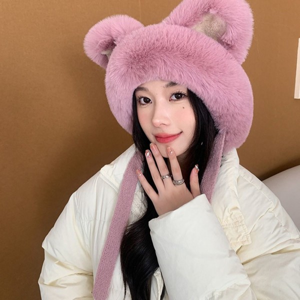 Faux Fur Beanies Hat Katteøre strikket kasket PINK pink