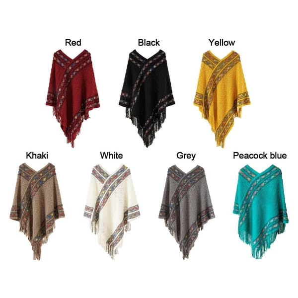 Mongolsk Poncho Rombe Stribe Kvast Sjal SORT black