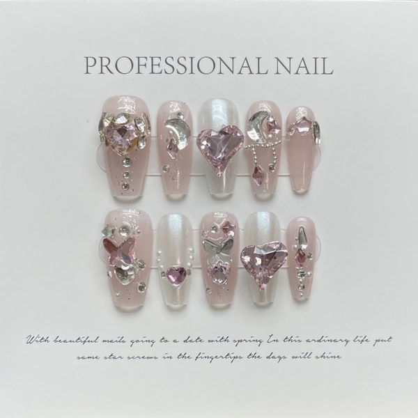 Pure Manual False Nail Pink Love Diamond Håndlagde negler MSHORT MSHORT