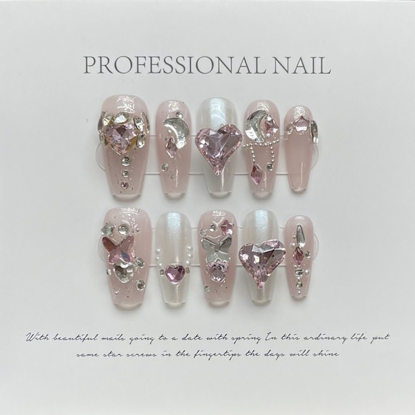 Pure Manual False Nail Pink Love Diamond Handmade Nails SSHORT SSHORT
