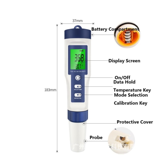 5 i 1 PH TDS-mätare PH/TDS/EC/TEMP/SALT-mätare Vattenkvalitet