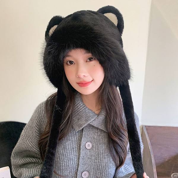 Faux Fur Beanies Hattu Kissa Korva Neulottu Cap MUSTA black