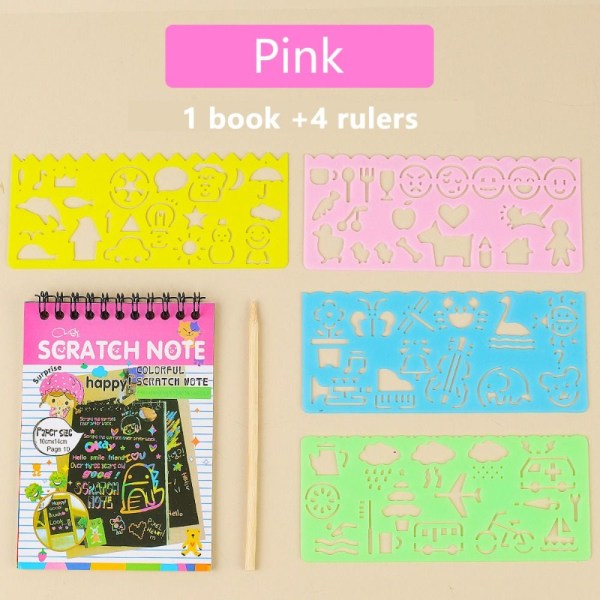 Scratch Paper Art Rainbow Scratch Notebook, RAUPUNKINEN 4 VIIVOILLA Pink With 4 rulers-With 4 rulers