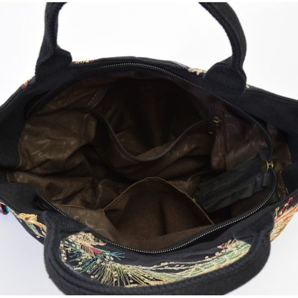 Peacock Broderet Tote Bag Lærred Håndtaske SORT NORMAL black normal version-normal version