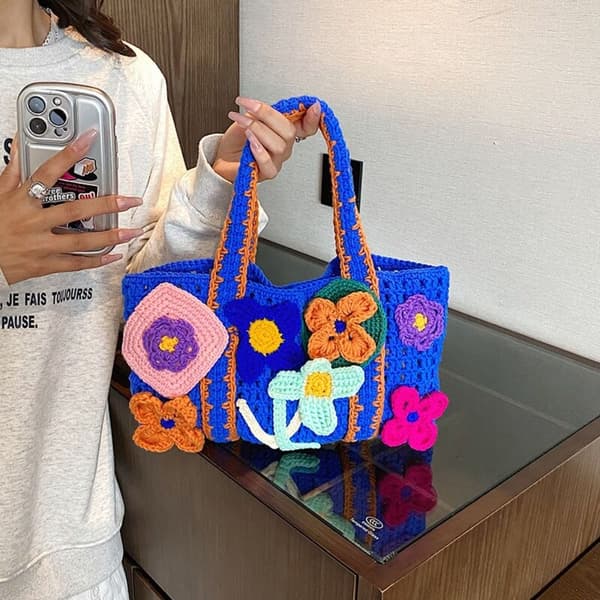 Blomstickad tygväska Axelväska BLÅ blue