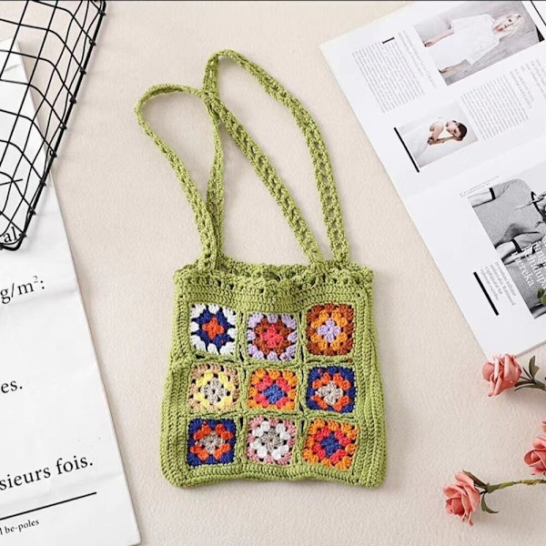 Handgjord Virkad Vävväska Grid Axelväska KHAKI Khaki