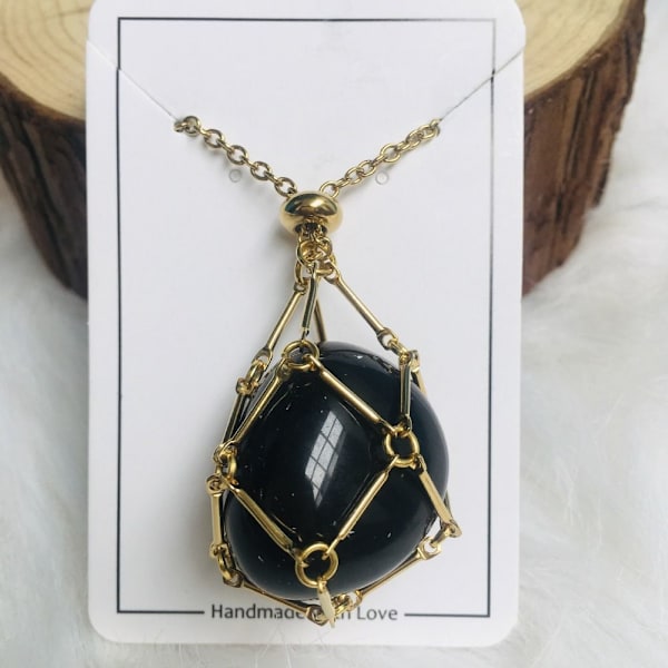Crystal Holder Cage Necklace Crystal Net Metal Halsband GULD Gold Black Obsidian-Black Obsidian