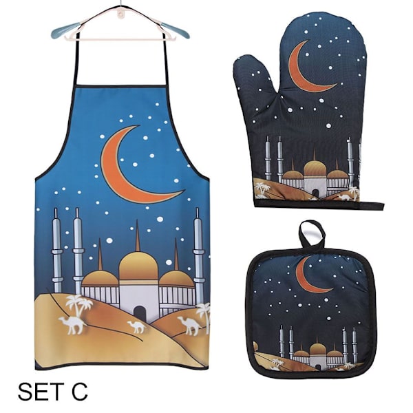 3 kpl Ramadan Kareem -esiliinaa, Eid Mubarak -leivonta- ja kuuman kestäviä käsineitä