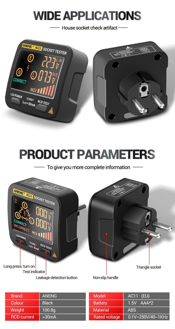 ANENG AC11 Digital Smart Socket Tester Spänningstest
