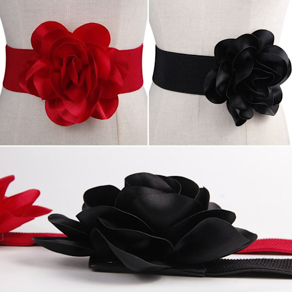 Bredt elastisk belte store blomster linning SVART black