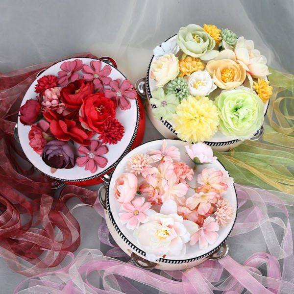Ribbon Hand Drum Etnisk Dans Performance Prop ROSA&VIT Pink&white