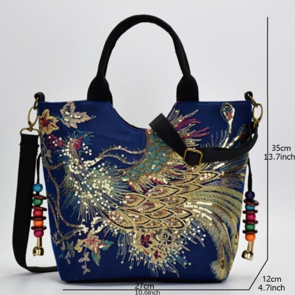 Peacock Brodert Tote Bag Canvas Håndveske RØD NORMAL VERSJON red normal version-normal version