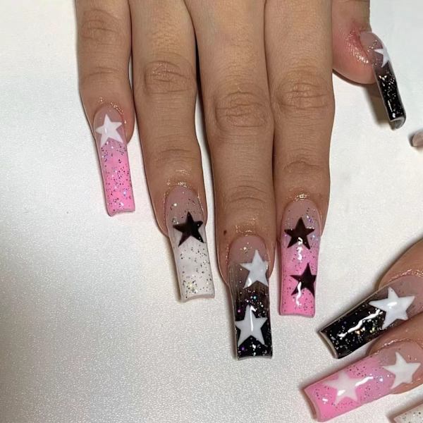 24 kpl Fake Nails Long French Ballerina
