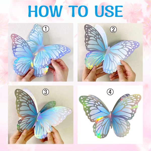 18 STK 3D sommerfugl klistremerker Hule sommerfugler dekaler RAINBOW rainbow silver
