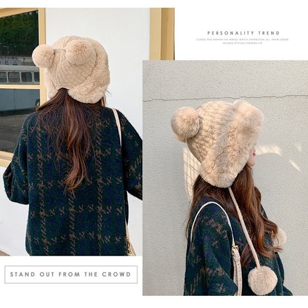 Faux Fur Beanies Hat Strikket Hue LYS KAFFE light coffee