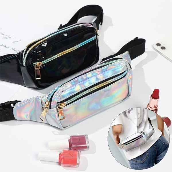 Nya laser holografiska midjeväskor Fanny Pack Slim Shiny svart