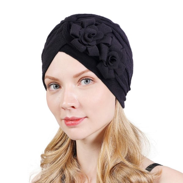 Ruffle Flower Turban Chemo Beanie Cap BLÅ blue