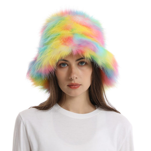 Tekoturkista Bucket Hat Rainbow Color Lämmin Paksu Pehmohattu VALKOINEN White Pink
