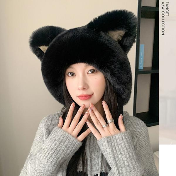Faux Fur Beanies Hattu Kissa Korva Neulottu Cap MUSTA black