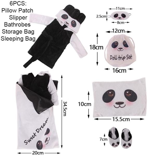 6 STK Dukke Sovepose Sett Pute Patch Tøffel PANDA PANDA panda